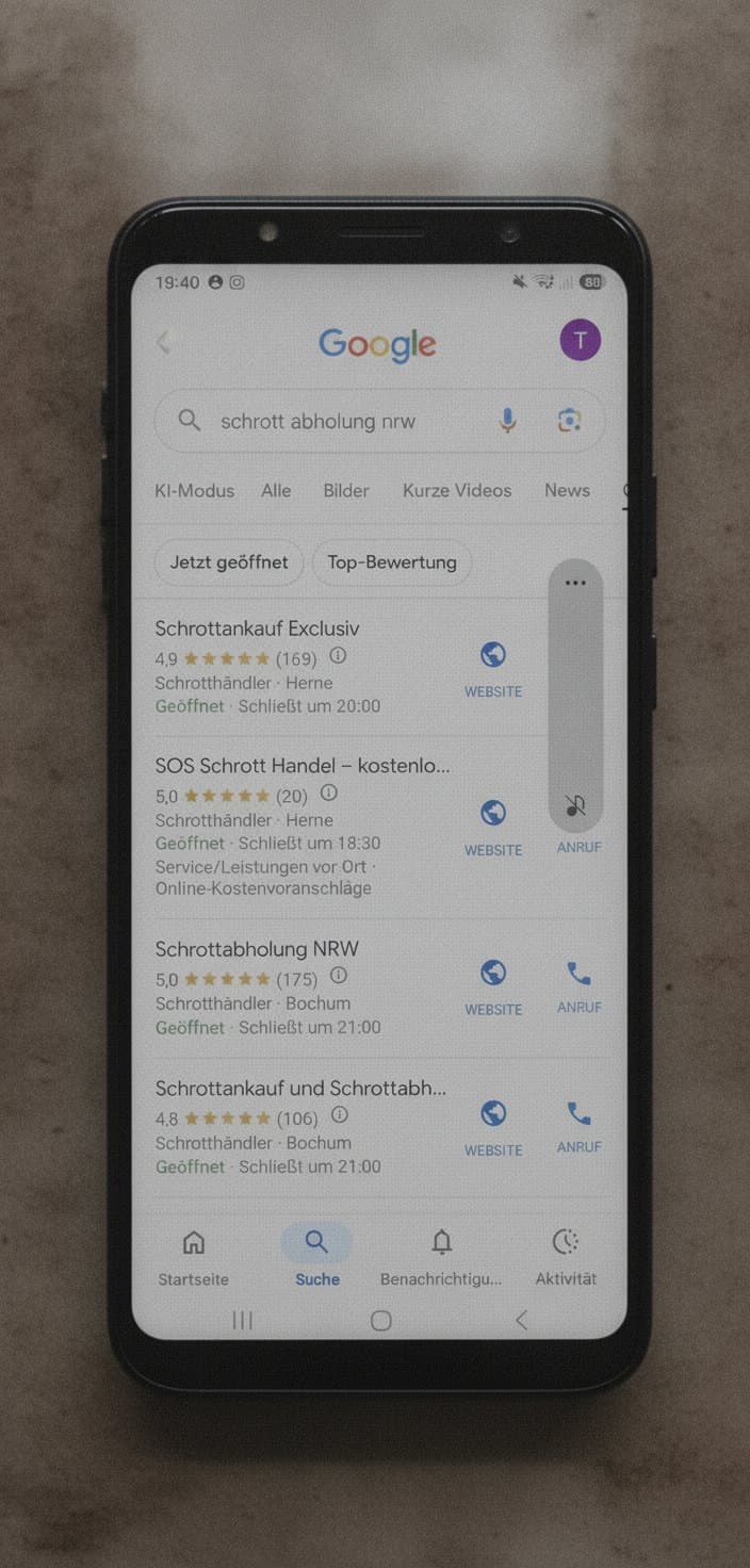 Google-Suchergebnisse für Schrottabholung NRW auf dem Smartphone