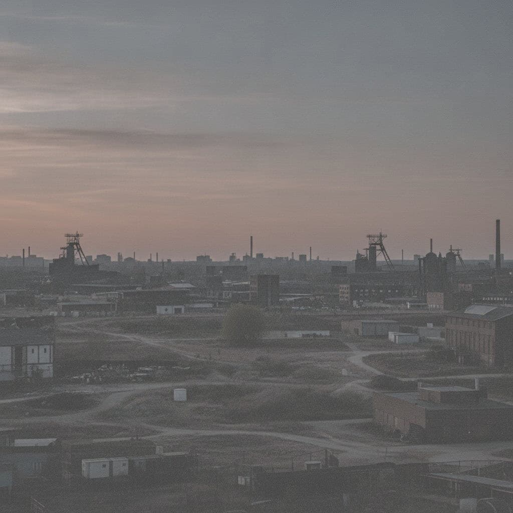 Skyline des Ruhrgebiets in der Abenddämmerung