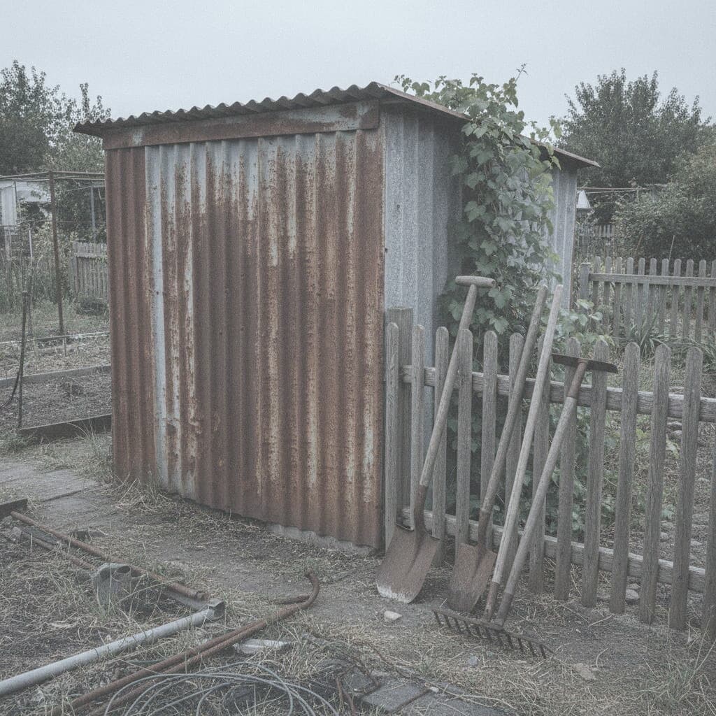 Schrebergarten mit altem Gartenschuppen vor der Auflösung